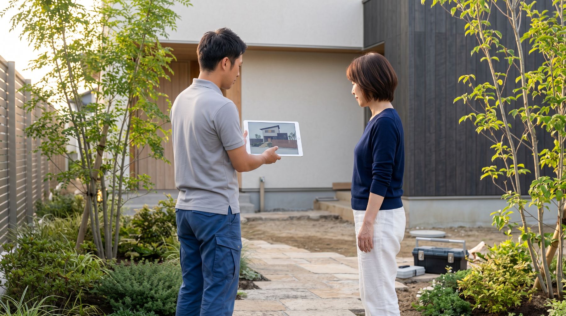 タブレットで完成イメージを確認する打ち合わせの様子